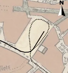 Plan du terminus en 1909 avec en pointillés la boucle et le raccordement de la ligne de Quiévrain.