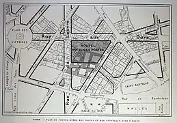 Plan du nouvel Hôtel des Postes et des nouvelles rues d'accès, 1880.