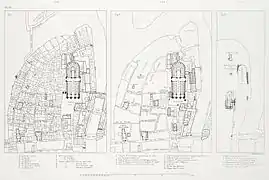 Plan du quartier de Notre-Dame en 1150, 1550 et 1750 tracé entre 1875 et 1882 par Theodor Josef Hubert Hoffbauer.