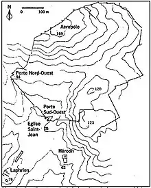 Plan des fortifications de Calydon d'après la carte publiée par Fr. Poulsen et K. Rhomaios, dans Erster Vorlaüfiger Bericht über die Dänisch-Griechischen Ausgrabungen von Kalydon, Taf. I. (1928).