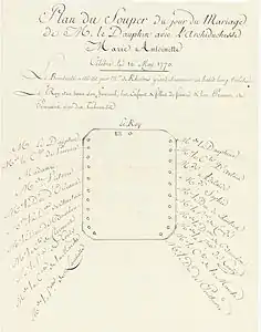 Plan du souper du jour du mariage de M. le Dauphin avec l’Archiduchesse Marie-Antoinette célébré le 16 mai 1770. Archives nationales. K/147/14/2.