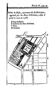 Terrasson, Mélanges d'histoire, de littérature, de jurisprudence littéraire, de critique…  (1768), Histoire de l'hôtel de Soissons, plan de l'hôtel de Behaigne et Maison du Chaudron.