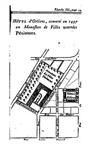 Terrasson, Mélanges d'histoire, de littérature, de jurisprudence littéraire, de critique… (1768), plan  du Monastère des Filles Pénitentes une fois installées.