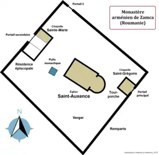 Plan du monastère de Zamca (état actuel). Une église, celle Saint-Auxence, située au centre du monastère est la plus grande. La chapelle Sainte-Marie, de petites dimensions, est située au nord du monastère près de la résidence de l'évêque. La chapelle Saint-Grégoire est située au-dessus de la tour-porche à l'Est.