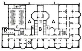 Plan d'un étage avec les bureaux regroupés le long des façades en bas et à droite. Un atrium entourant le hall se trouve au centre et les toilettes forment une grande salle à gauche.