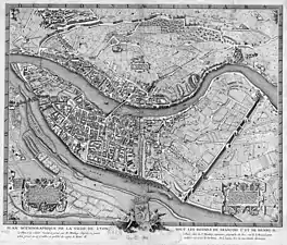 Plan scénographique de la ville de Lyon sous les règnes de François 1er et de Henri II.