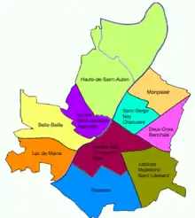 Plan d'Angers et des dix quartiers administratifs.