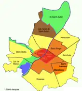 Plan d'Angers présentant les diverses époques de constructions par quartier.