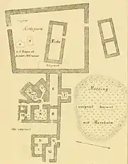 Dessin en noir et blanc représentant une carte topographique légendée.