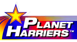 Planet Harriers est inscrit en blanc sur un fond multicolore dominé par le bleu, le jaune et le rouge, arborant également une étoile colorée.