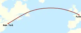 Plan de vol de l'Oiseau blanc : trajectoire nord-ouest s'incurvant peu à peu pour arriver au sud-ouest au sud du Groenland