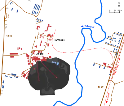 Schématisation des installations de la mine des Télots, des terrils et cités minière.