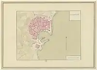 Plan de La Ciotat de 1777 indiquant le fort du Bérouard au sud de la muraille est et le fort Saint-Martin au nord.