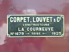 Plaque constructeur Corpet-Louvet no 36 Lulu.