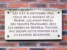 Plaque commémorative 1re guerre mondiale, 3 et 4 septembre 1914 à Survilliers (95).