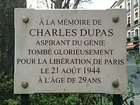 Plaque dédiée à Charles Dupas.