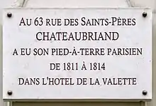 Plaque au no 63 en hommage à Chateaubriand.