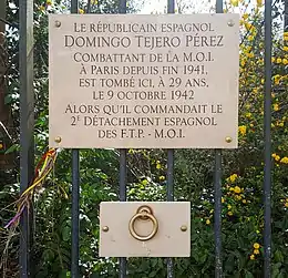 Plaque en mémoire de Domingo Tejero Pérez.