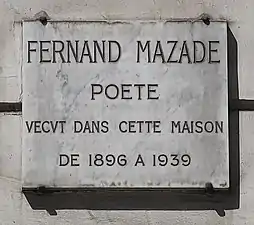 Plaque en hommage à Fernand Mazade.