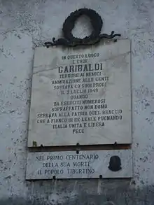 Plaque commémorative rappelant le passage de Garibaldi dans la ville le 3 juillet 1849