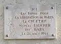 Plaque en hommage à Marcel Faucher, mort pour la Libération de Paris (1944).