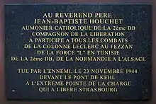 Plaque à la mémoire du R.P. Jean-Baptiste Houchet près du tank Sherman Cherbourg au port du Rhin de Strasbourg (Bas-Rhin).