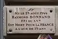 Plaque no 105 commémorant la mort du FFI Raymond Bonnand en 1944.