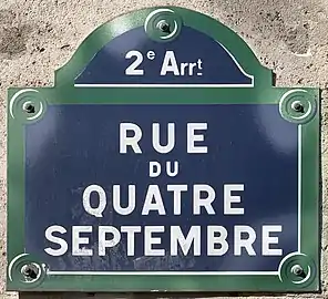 Rue du Quatre-Septembre à Paris, commémorant la proclamation de la République, comme de nombreuses rues du Quatre-Septembre en France.