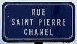 Panneau rectangulaire bleu avec liseré blanc, indiquant, en majuscules blanches, "rue Saint-Pierre Chanel"