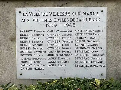 Plaque des victimes civiles de la 2de Guerre mondiale.