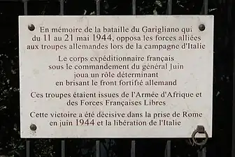 Plaque en mémoire de la bataille du Garigliano.