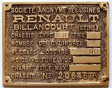 Plaque constructeur Renault NN (1924-1930).