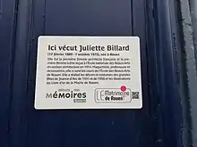 Plaque commémorative en hommage à Juliette Billard