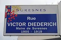 Plaque de la rue Victor-Diederich, en hommage au maire en fonction de 1905 à 1919.