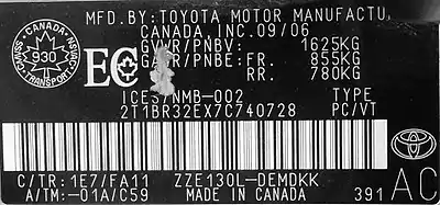 Plaque signalétique Toyota Corolla 2007