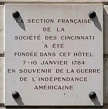 Plaque commémorant la formation de la branche française de la Société des Cincinnati.