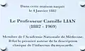 Plaque sur la maison natale Professeur Camille Lian à Treigny.