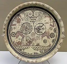 Assiette. Combat de Ménélas et Hector sur le corps d'Euphorbe. Cos, Chèvres sauvages moyen, v. 600.British Museum