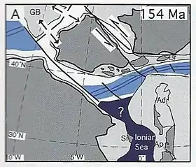 Carte structurale schématique de la future mer Méditerranée occidentale au Jurassique ; à droite, le futur microcontinent briançonnais qui se formera au moment de l'ouverture de l'océan Valaisan est noté « Br ».