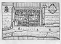 Plan de la ville vers 1649 par J. Blaeu. On y distingue l'espace occupé par le château (dans le coin de la ville à gauche en bas) ainsi que les quatre portes dont la Vispoort qui donne directement sur la Linge.
