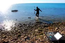 Une femme laisse son ordinateur sur une rive de galet pendant qu'elle va plonger avec une espèce de tige blanche et noire.