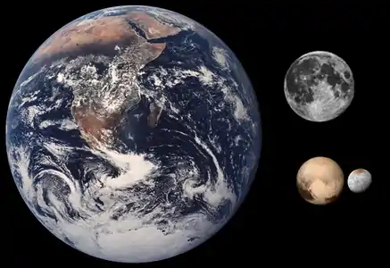 Pluton et Charon comparées à la Terre et la Lune.