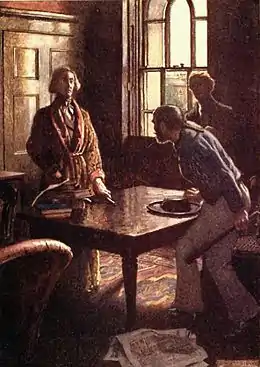 Illustration en tons sépia. Un homme debout derrière une table confond un suspect