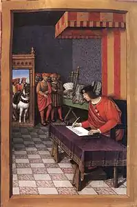 Louis XII écrivant à Anne de Bretagne. Épîtres de poètes royaux (vers 1510), Saint-Pétersbourg, fol. 51v.