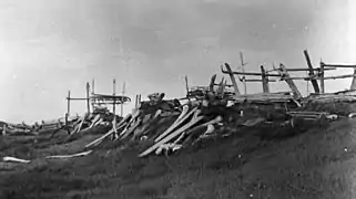 Halle commune semi-enterrée (Qargi) étayée avec des os de baleine à bosse, à Point Hope (Alaska) en 1885.