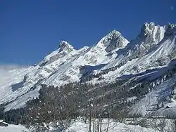 Pointe Percée (à gauche), mont Charvet et la Mamule vus du sud-ouest depuis les Confins (La Clusaz)