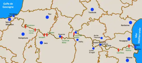 Carte des cols et tunnels entre la France et l’Espagne.