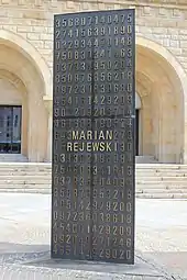 Photographie d'une face d'une colonne à trois faces avec le nom de Marian Rejewski se distinguant d'un ensemble de lettres et de chiffres.