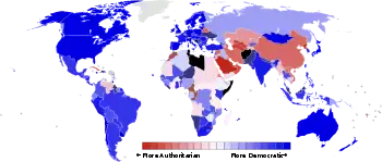 Carte du monde présentant les données du rapport Polity pour l'année 2011. Une couleur bleue indique une démocratie.