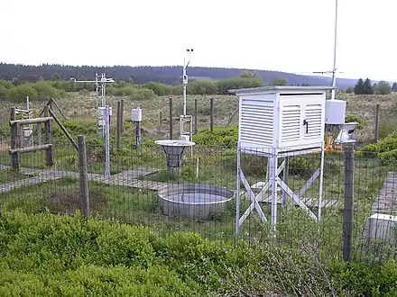 Divers appareils de mesure dans un enclos grillagé dans la fagne